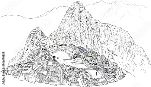 Ancient stone city nestled high in dramatic mountain peaks