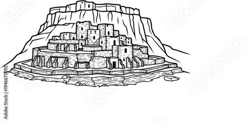 Ancient stone dwellings carved into a rocky cliff face