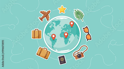 Vector graphic illustration of a globe surrounded by travel related items and icons for adventure and exploration
