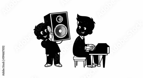 Animated boys enjoy music one plays piano, other holds speaker