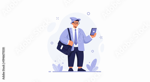 Animated businessman in a hat looking at his tablet with a satchel