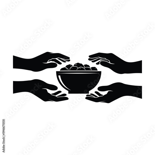 Four hands reaching for a bowl of coins together sharing wealth and resources