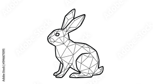 Geometric polygonal rabbit illustration in black lines and white fill sitting calmly