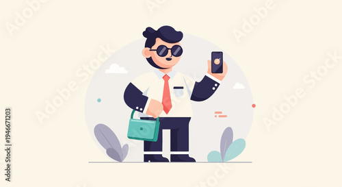 Animated businessman in sunglasses holding a phone and a satchel