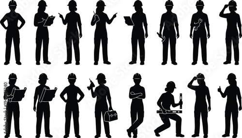 Female construction worker silhouettes collection, women engineer builder technician holding tools wearing safety helmet industrial profession vector icon set