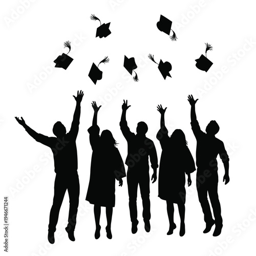 Group of people throwing graduation caps in the air celebrating  happy graduates