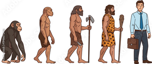 Cartoon Human Evolution from Ape to Modern Man for History, Evolution, and Education Illustrations