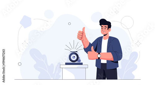 Man giving thumbs up near a projector or camera on a stand, flat design illustration