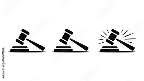 Gavel icons illustrating judge gavels in various styles for legal courtroom and law related concepts, justice authority symbols collection for court decisions, vector illustration