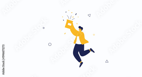 Happy Person Jumping with Award and Confetti, Celebration and Success