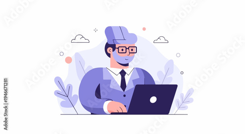 Animated businessman with beard and glasses working on a laptop