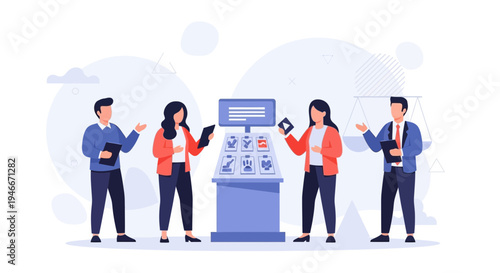 Teamwork and decision making at a product display stand with digital screen