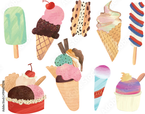 various dessert of ice cream and cake in watercolor style