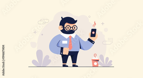 Animated businessman with glasses taking a selfie while holding a coffee