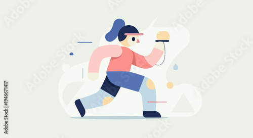 Animated figure running with stopwatch and abstract shapes