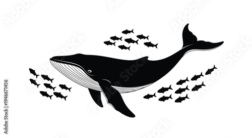 Large whale swimming with a school of small fish in ocean water illustration