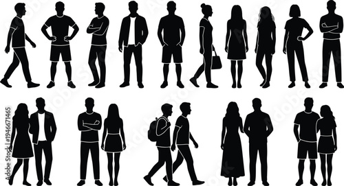 People silhouettes collection, men and women standing walking casual lifestyle characters crowd vector illustration set isolated