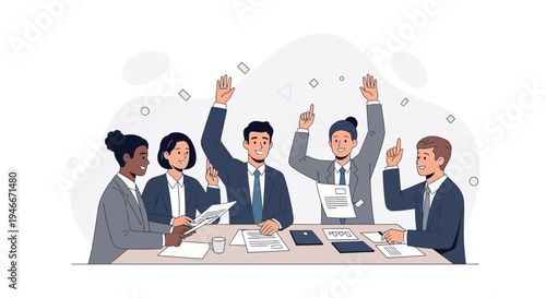 Diverse business team raising hands in a meeting, voting, brainstorming, and collaboration concept.