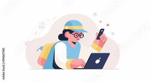 Animated figure wearing cap and glasses using laptop and phone
