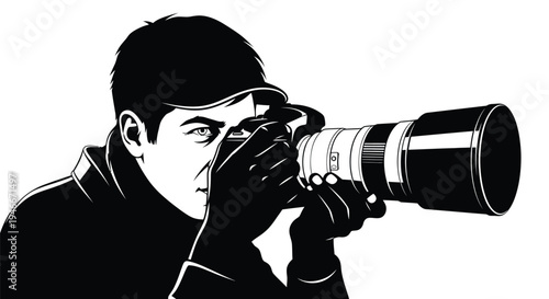 Man holding camera lens taking photo with one eye looking sideways  photography concept