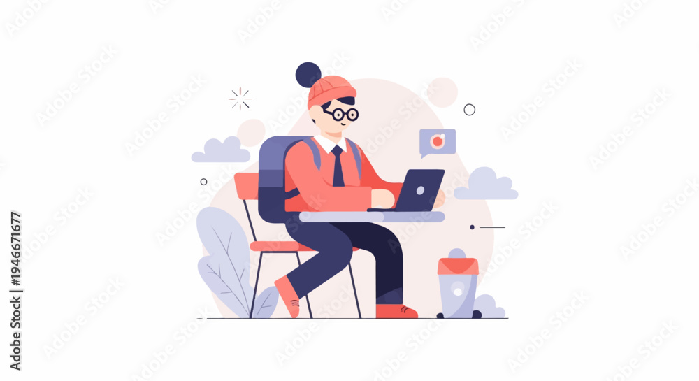 Fototapeta premium A young person wearing a hat and glasses sits at a desk with a laptop