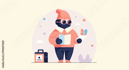 A whimsical character in a hat and glasses reads a book, holding a tablet