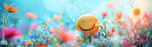 Smiling emoji in vibrant colorful flower field with sunshine