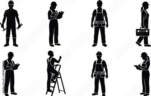 Construction worker silhouettes collection, male and female builders technicians using tools ladder clipboard toolbox industrial labor vector icon set