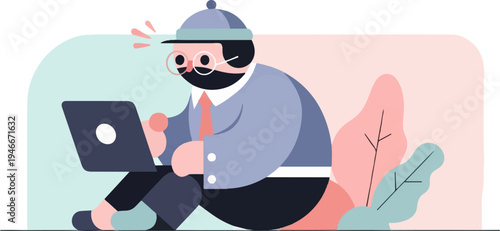 Animated character focused on a laptop amidst abstract shapes and flora