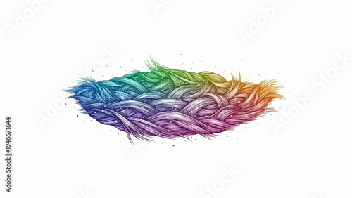 A woven texture with a rainbow gradient and scattered dots