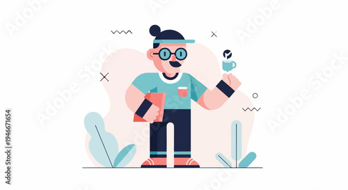 Animated character holding coffee cup & book, standing among abstract shapes