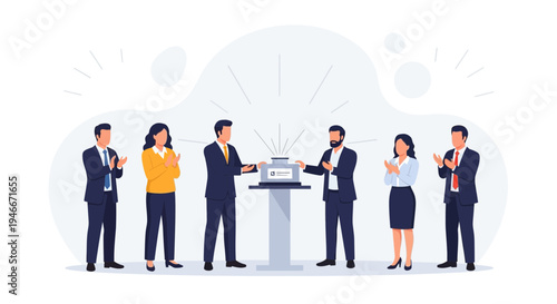 Business Launch Event: Team Applauding Innovation Ceremony with Presentation