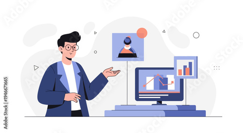 Man presenting financial data on computer screen, business analytics concept
