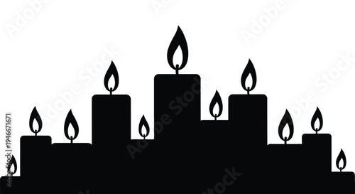 Group of lit candles in various sizes on transparent background