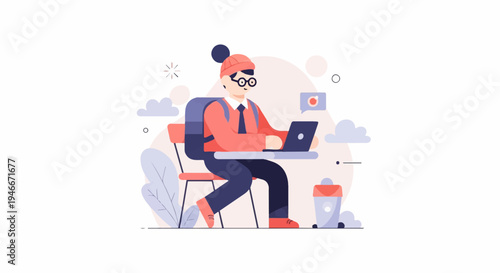 A young person wearing a hat and glasses sits at a desk with a laptop