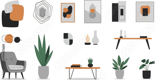 Abstract art, plants, furniture, and decor items arranged compositionally