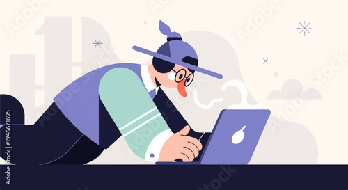 Animated character in glasses focused on a laptop, surrounded by abstract shapes