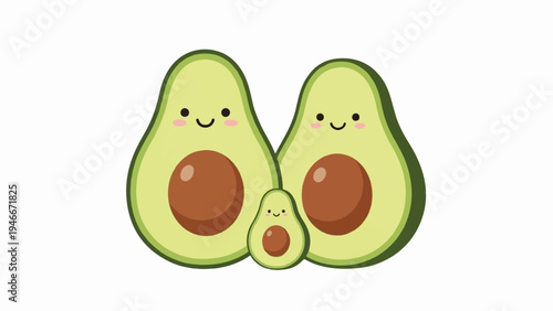 Adorable cartoon avocado family with blushing cheeks and smiling faces