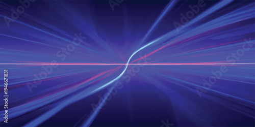 Symmetrical abstract light waves in blue and magenta diverging from center, digital abstract background for technology