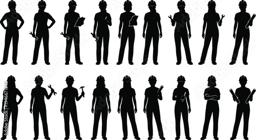 Female construction worker silhouettes set, women engineer builder mechanic holding tools wearing hard hat industrial profession vector icons collection