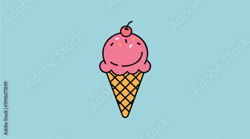 Simple Pink Ice Cream Cone with Cherry on Top.