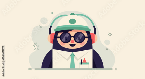 Adorable cartoon character with glasses, headphones, and a hat