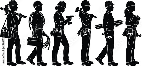 Female construction workers silhouettes collection, women builders technicians carrying tools wearing safety helmets industrial labor vector illustration set