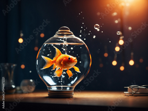 Goldfish Swimming Inside Glass Light Bulb Aquarium – Surreal Creativity Concept