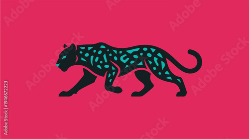 Stylized Black Panther Silhouette with Teal Spots on Pink Background.