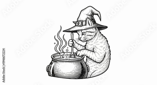 A whimsical cat in a witch hat stirs a bubbling cauldron with a spoon