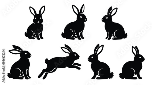 Black silhouettes of rabbits in various poses and designs