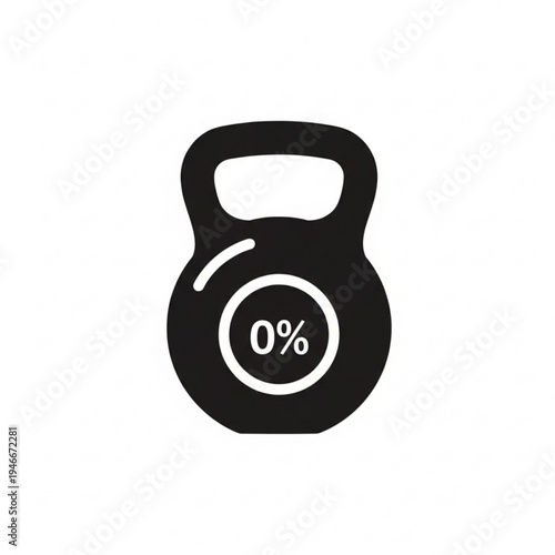Black kettlebell icon with 0 percent sign on for fitness and workout concepts