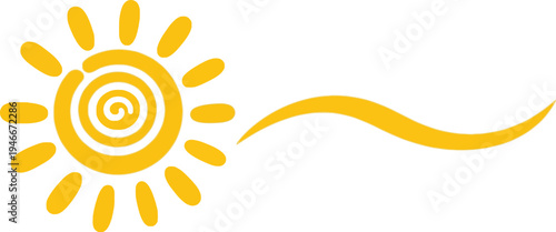 Bright yellow sun symbol with rays and swirly design element