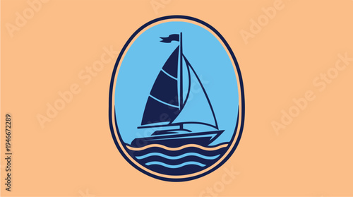 Stylized Blue Sailboat Illustration on Orange Background.